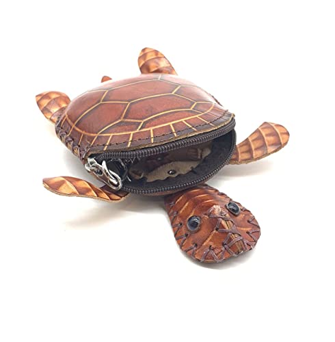 Handmade Vintage Genuine Brown Leather 3D Turtle Money Coin Purse With Removable Wrist Strap3