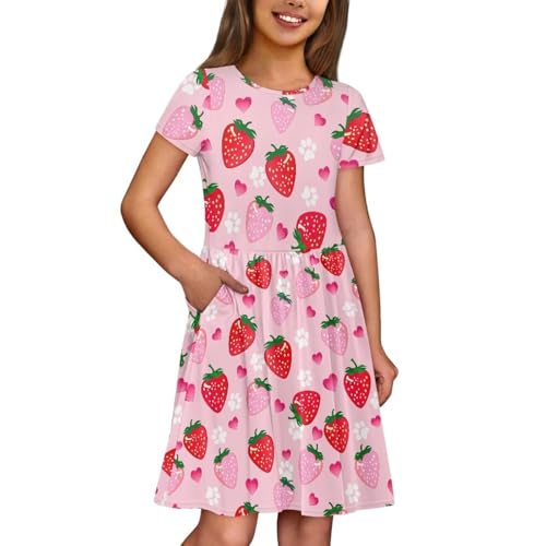 Image of Girls Dress with Pockets Basic Short Sleeve High Waist Swing Skater Dress School Party Dress for Kids