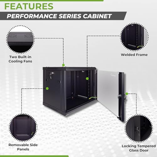 Image of NavePoint 9U Server Cabinet Wall Mount Rack Enclosure Includes 2 Fans, Locking Glass Door, Removable Side Panels - 9U Network Cabinet 17.7 inch Deep, 19 Inch Server Rack for IT and A /V Equipment