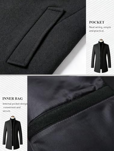 Image of FTCayanz Mens Trench Coat Wool Blend Single Breasted Overcoat | Stand Collar, Fall Slim Fit Top Coat, Winter Warm Coats for Men, Business Work Formal Casual Jacket, Daily Outwear