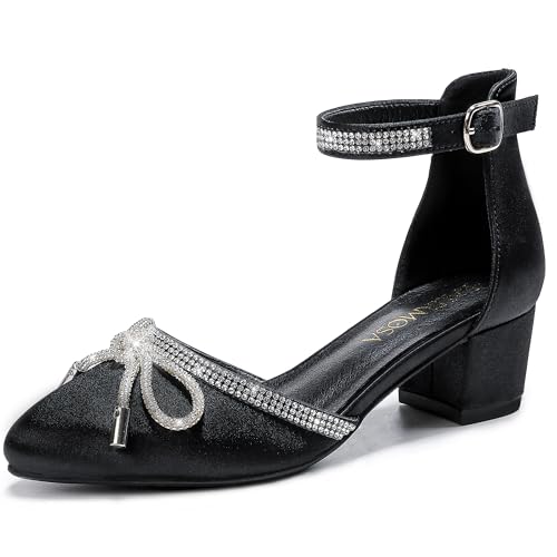 Image of LAURMOSA Girls Sandals Closed Toe High Heels Pointed Toe Ankle Strap Pumps Flower Girl Dressy Shoes in Wedding Party Cute Bowknot Chunky Block Heeled for Little Big Kids