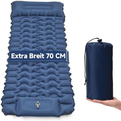 HAUSPROFI Isomatte Camping Luftmatratze extra breit, Ultraleicht, aufblasbar – mit integriertem Kissen & Fußpumpe, 196x70x9 cm, 40D TPU, kleines Packmaß für Outdoor & Reisen (Dunke