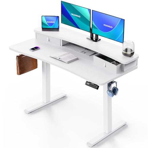 HUANUO 48″ x 24″ Electric Standing Desk with 2 Drawers, C-Clamp Mount Compatible, Height Adjustable Computer Desk, Home Office Stand Up Desk with 4 Preset Heights & 2 Hooks, White