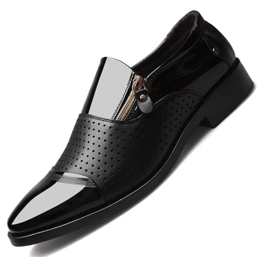 Men's Breathable Zipper Penny Loafers Slip On Driving Boat Business Casual Oxford Patent Leather Dress Shoes