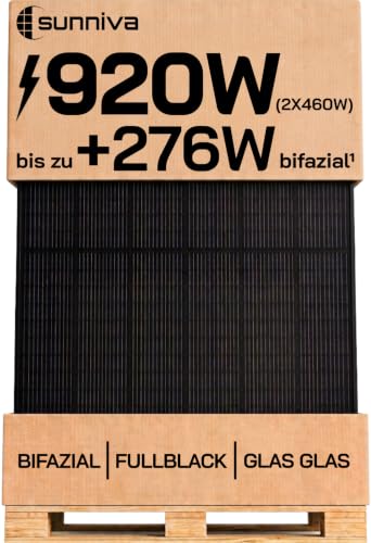 SUNNIVA® Solarpanel, 2x 460 W, FULL BLACK, Bifazial, Glas-Glas, N-Type Solarmodul, PV Module Solarpanel, PMax 920W (2x460W), für Balkonkraftwerk Solaranlage PV Panel Photovoltaik Solar Komplettanlage