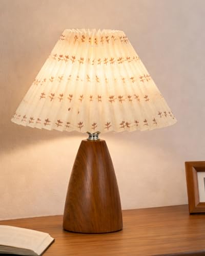 Image of Homesake Wood Grain Pattern Small Table Lamp, Desk Light, Wooden Bedroom Lamps for Nightstand, Scalloped Lamp Shade Table Lamps Small Spaces, Bedroom, Living Room, Taper Cone, (Pleated Floral)