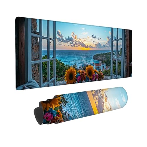 Tapis de souris gaming XXL 800x300mm antidérapant et étanche motif fenêtre paysage