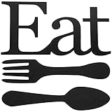 Jetec 3 Pieces Wood Kitchen Decor Eat Sign Fork Spoon Kitchen Wall Decor Black Kitchen Decor and...