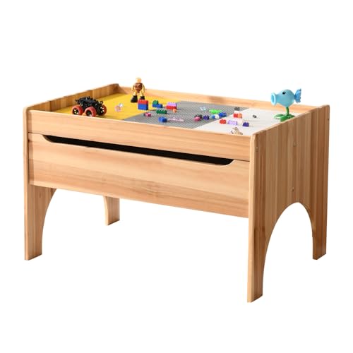 Image of BIRASIL Wooden Kids Activity Table with Storage, Multi-Purpose Sensory Table for Children, Play Table Compatible with Building Block Board for Preschool Toddler Boy & Girl (Classic-with Drawer)