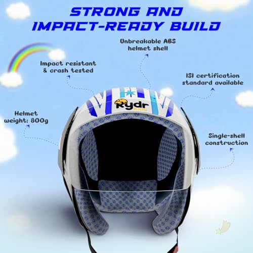 Image of RydrKids-URA Star S-Leo-Blue Motorcycle Helmet with Visor Shield and Helmet Bag, Size XS (Ages Upto 8 Years Blue) | Lightweight, Adjustable Safety Helmet for Boys