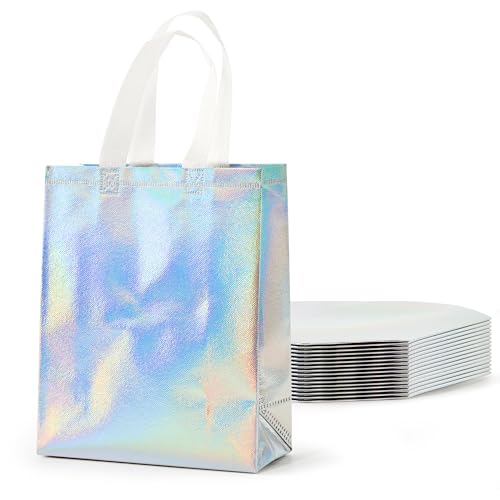 PACKINNO 15 Pcs Iridescent Gift Bags with Handles 8x4x10 Inch Holographic Reusable Gift Bags Medium Size Ideal for Birthday Christmas Party Favors Wedding Holidays Valentines