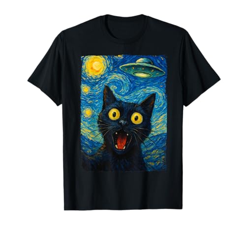 Selfie Amusant avec Un Chat Extraterrestre, UFO, La Nuit étoilée, Amoureux des Chats, Mignon T-Shirt