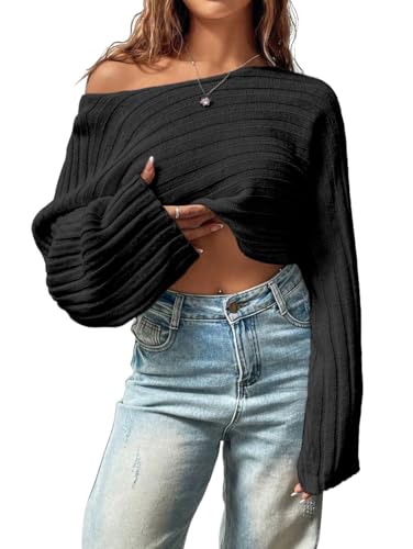 Image of SKAYS Womens Off The Shoulder Cropped Sweater Fall Ribbed Knit Batwing Sleeve Boat Neck Pullover Sweaters for Women Lightweight Drop Shoulder Tops Black M