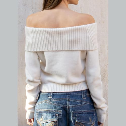 Women Off Shoulder Long Sleeve Sweater Y2K Ribbed Knit Pullover Solid Crop Top Going Out Boat Neck Blouse3