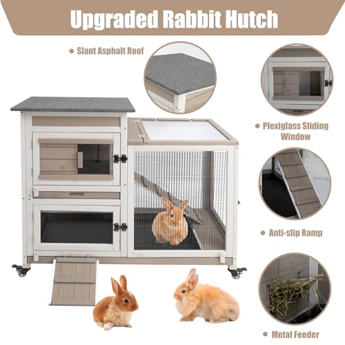 Petscosset PET32 Rabbit Hutch Indoor 40 Inch L Large 2 Story Outdoor Wooden Bunny Hutch With Run, 4 Metal Wheels & 2 Deeper Trays, Uv-Proof Panel Rabbit Cage Guinea Pig Pet House thumb #5
