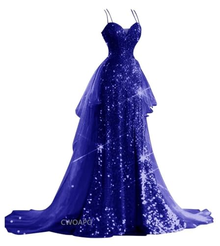 CWOAPO Spaghetti Straps Sequin Prom Dresses for Women Long Slit Ball Gown Mermaid Formal Dress with Tulle Train