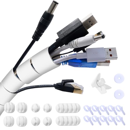 Garrulo Cubre Cables, Recoge Cables 3M Φ 22mm, Organizador Cables con 10 Soportes de Cables de Silicona+10 Bridas para Cables+2 Cinta Autoadhesiva de 1M+1 Clip Guía - Blanco