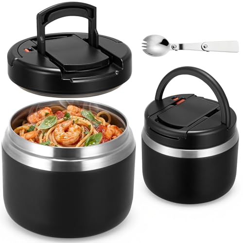 MAXSO 14oz Vacuum Insulated Food Jar with Spoon Buckle Lid, Kids Soup Thermo for Hot Food Wide Mouth Leakproof Stainless Steel Lunch Container - Black