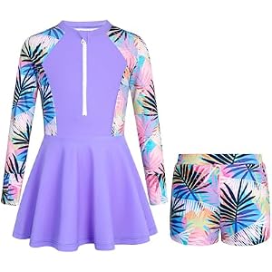HOZIY Girls Long Sleeve Swimsuit Two Piece Rash Guard Dress with Swim Shorts Front Zip for Kids Tween Teens UPF 50+
