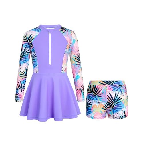 HOZIY Girls Long Sleeve Swimsuit Two Piece Rash Guard Dress with Swim Shorts Front Zip for Kids Tween Teens UPF 50+ 7-8 Years Purple Tropical Leaf