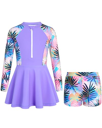Image of HOZIY Girls Long Sleeve Swimsuit Two Piece Rash Guard Dress with Swim Shorts Front Zip for Kids Tween Teens UPF 50+