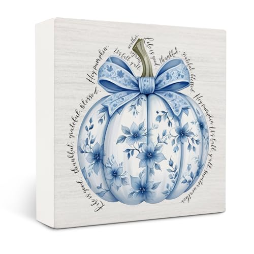 OVAcational Chinoiserie Fall Pumpkin Wooden Box Sign Desk Decor, Coquette Blue Bow Grandmillennial Autumn Pumpkin Wood Block Sign for Home Office Desk Table Shelf Wall Decorations, 5x5 Inch