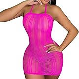 FRENZCOY Womens Lingerie Fishnet Dress Teddy Naughty Babydoll Nighty Bodysuit See Through Chemise Rose Pink