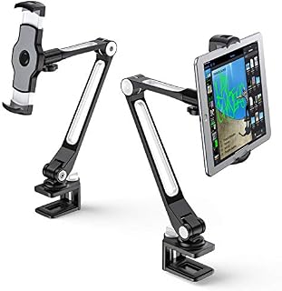 AboveTEK Sturdy Tablet Holder, Aluminum Long Arm Tablet Mount, 360° Swivel Tablet Stand & Phone Holder with Bracket Cradle Clamps 4-11" Devices for Kitchen Bedside Office Desk Showcase Display