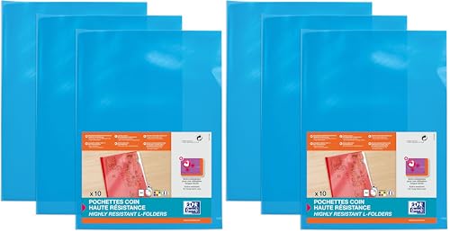 OXFORD 10 Pochettes plastiques Coins A4, Haute résistance 15/100e, Finition lisse, Couleur Bleue (Lot de 2)