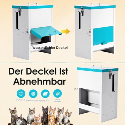 MUYIRTED Futterautomat für Mehrere Katze, 10L Futterspender Katze Trockenfutter, Metall, Regendicht, Hochbeiniger Katzennapf