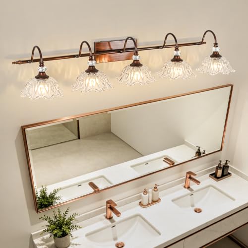 Image of 5-Light Antique Red Bronze Finish Bathroom Vanity Light, Vintage Vanity Light with Floral Clear Glass Shades, Retro Wall Mount Lighting for Bathroom, Dressing Table