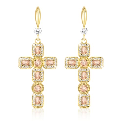 Linawe Boucles d'oreilles en forme de croix en or, boucles d'oreilles suspendues, ensemble de boucles d'oreilles en citrine, boucles d'oreilles en pierre de naissance en moissanite et strass