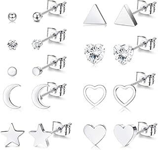 Milacolato 6-9 Pairs Stud Earrings Surgical Steel Dainty Small Heart Moon and Star Earrings Minimalist Geometric CZ Silver Ball and Triangle Earrings Sets for Women Men