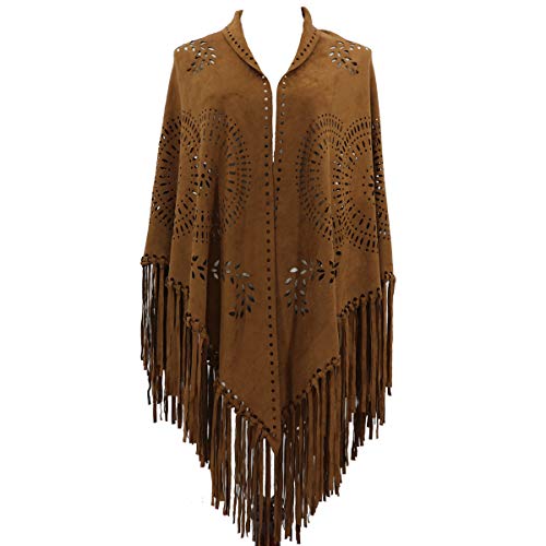 ZOFZ Fashion Suede Laser Cut Fringed Cape Shawl Wrap Scarf 4 Colors (Brown)
