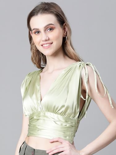 Image of oxolloxo Women Solid V-Neck Elasticated Tie-Up Satin Crop Top