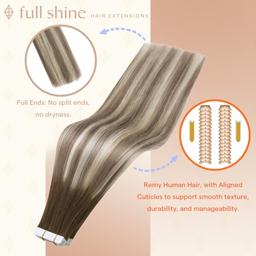 Image of Full Shine Tape in Extensions, Ash Brown Beige Blonde Ombre 22 Inch | 100g 40PCS, Seamless Double Sided Tape in Human Hair Extensions, Remy Soft Finish Wedding Styling Hazelnut Ash Blonde Blend