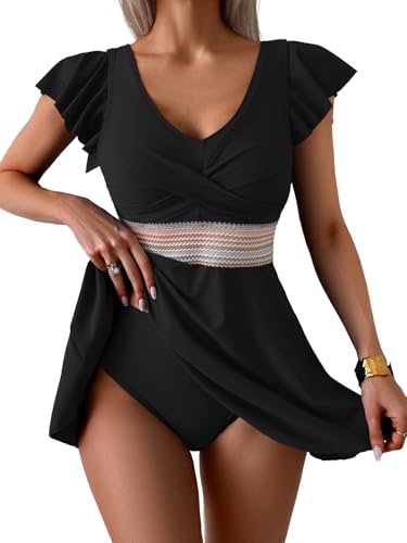 Women's Tankini Swimdress Tummy Control Swimsuit Ruffle Color Block Two Piece Bathing Suit Tie Back Swimwear