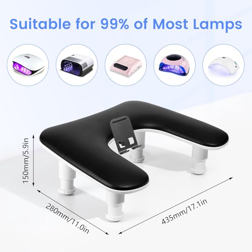 Image of Arm Rest for Nails Tech: 3rd Generation Manicure Nail Arm Rest with Rotating Phone Stand, U-Shaped Height Adjustable Hand Rest Pillow for Acrylic Nails Black