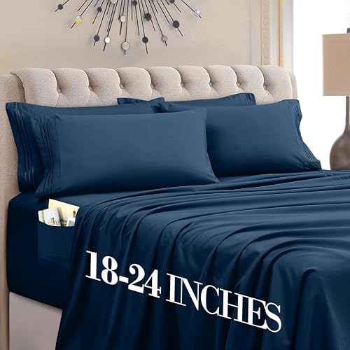 Image of Mocassi Luxury 4-Piece Sheet Set, Ultra Soft 1800 Premium Hotel Quality Microfiber Sheet Set, Fits Mattresses Up to 18 to 24 Inches Extra Deep Pocket - Breathable and Secure Fit, Twin XL, Navy Blue