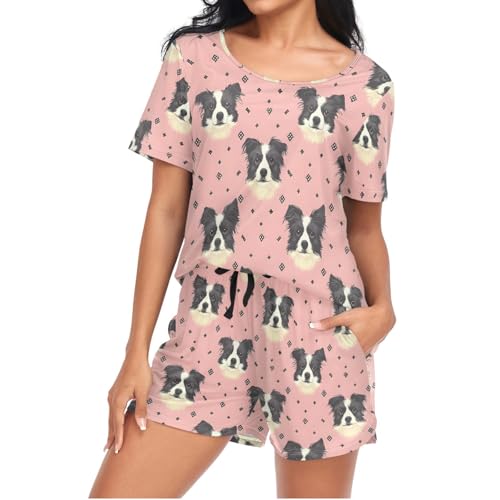 Mnsruu Border Collie Pink Pattern Womens Pyjamas Sets Short Sleeves Ladies Pajamas Pjs Set Loungewear with Pocket Size M