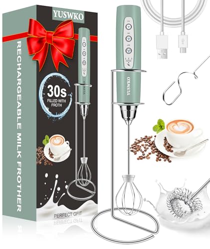 Image of YUSWKO Milk Frother Handheld for Coffee with Stand, Rechargeable Drink Mixer with 3 Heads 3 Speeds Electric Coffee Frother Whisk, Gift for Many Occasions and Festival