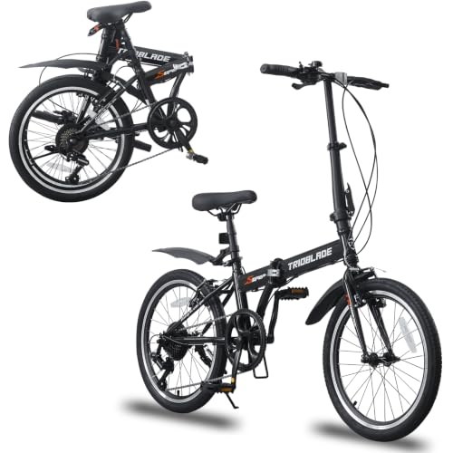 Image of LSBIKE 20Inch Folding Bike Bicycle 7 Speed Drivetrain City Road Bike for Adult Lightweight Seat & Handlebar Height Adjustable Carbon Steel Frame Double V-Brake for Men Woman Teenager (Black)