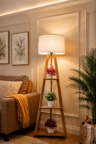 Image of Wooden Tripod Floor Lamp with 3 Shelves Modern Standing Lamp with Fabric Shade Decorative Shelf Floor Lamp for Living Room Bedroom & Home Decor Modern Standing Lamp for Living Room,Bedroom (White)