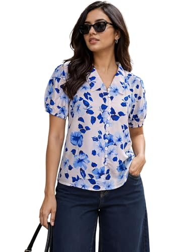 Image of NAINVISH Printed Top Short Sleeve Button Down V Neck Lightweight Soft Fabric Casual Office Summer Stylish Patterned Womens Comfort Fit Regular Top