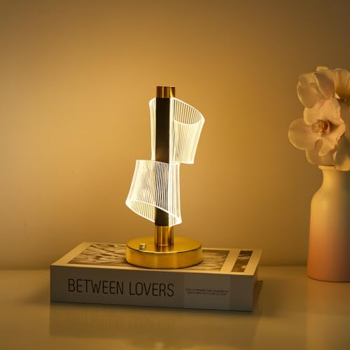 Image of One94Store 3D LumeTwist LED Night Lamp with Gold Base, Touch Control Cordless Decorative Table Light - 3 Color Modes, Modern Bedside Lamp for Bedroom, Living Room & Home Decor (Plastic Body)