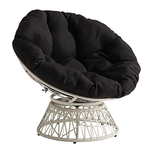 OSP Home Furnishings Wicker Papasan Chair with 360-Degree Swivel, Cream Frame with Black Cushion
