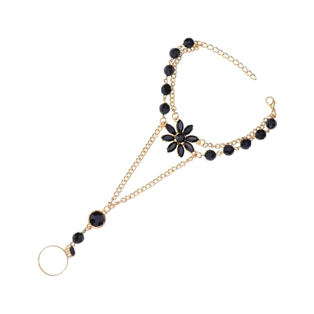 Yalice Rhinestone Finger Bracelet Ring Black Crystal Hand Chains Flower Slave Finger Chain Fashion Charm Hand Jewelry for Women