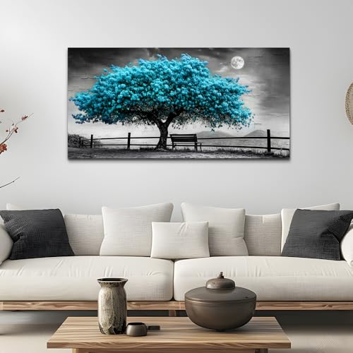 KELIYUAN Blue Tree Of Life Canvas Painting Living Room Office Bedroom Bathroom Wall Decoration Black And White Wall Art Print Modern Natural Tree Art Waterproof Can Be Directly Hung 20x40 In