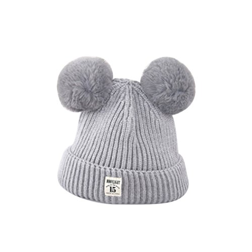 ZHOUBA Baby Boys Girls Bobble Knit Beanie Hat Plush Ball Ears Toddlers Winter Warm Double Pompom Cap (Grey)