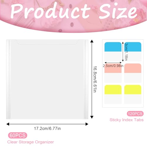 Image of 60 Pack 6x6 Inch Paper Storage Organizer Clear Plastic Sleeves with 120 Pcs Sticky Index Tabs Storage Folder Holder without Closure for Photos Scrapbooking Cardstock Origami Cookie Stencil Vinyl Paper